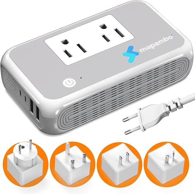 220V to 110V Voltage Converter US to Europe for Curling Iron and Hair Straighteners, Power Converter for European Travel Plug Adapter with 2 USB A & 2 USB C Ports (Grey White-Global)