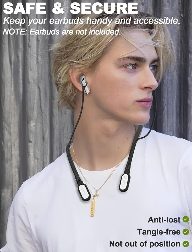 HALLJOY for Galaxy Buds 4/4 Pro/Buds 3/3 Pro Strap Neckband, Anti-Lost Accessories, Support Volume Control, Ergonomic Design, Fit Airpods Pro 3/2/1, Airpods 4, 3, 2, 1, Black Band/White Tip