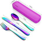 Travel Utensils with Case, 4-Piece Stainless Steel Portable Cutlery Set, Reinforced Case with Buckle Design, Lunch Box for Camping Work School, Include Fork Spoon Knife, Dishwasher Safe, Rainbow