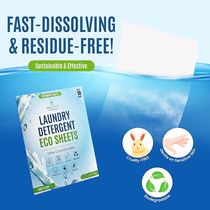 Eco-Friendly Travel Size Laundry Detergent Sheets - 10 Loads Ultra Concentrated, Stain-Fighting Enzymes & Plant Powered, Compact Washer Sheets, Pocket Friendly, Hot/Cold Cycles, Tough on Stains & Odor