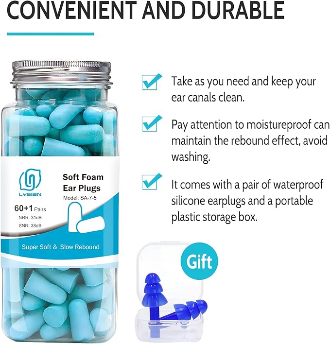 LYSIAN Ultra Soft Foam Earplugs Sleep, Noise Cancelling Ear Plugs for Sleeping, Shooting,Travel and Work-38dB SNR 31dB NRR Sound Blocking-60 Pairs Pack (Lake Blue)