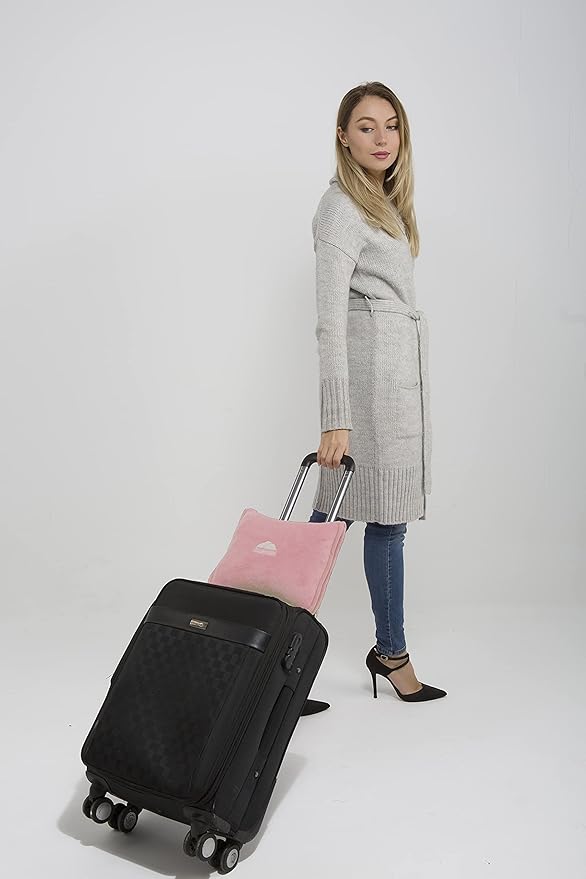 BlueHills Premium Soft Travel Blanket Pillow Value Pack Set of 2 - Airplane Flight Blanket Throw in Soft Bag with Luggage Belt Compact Pack Large Blanket for Travel Gray and Light Pink Colors