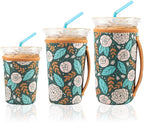 KJQJLY 3 Pack Reusable Iced Coffee Sleeves for Iced Coffee Cups or Drinks Reusable Neoprene Insulated Sleeves for Hot and Cold Drinks from Starbucks, Dunkin, And More (Roses)