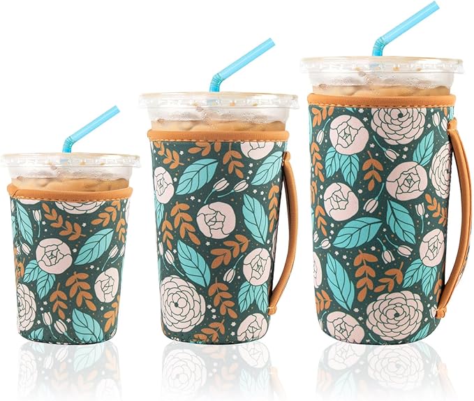 KJQJLY 3 Pack Reusable Iced Coffee Sleeves for Iced Coffee Cups or Drinks Reusable Neoprene Insulated Sleeves for Hot and Cold Drinks from Starbucks, Dunkin, And More (Roses)