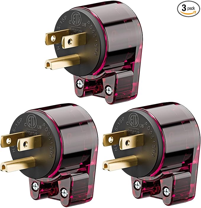 (3PACK) ETL Listed 90 Degree USA Canada Male Plug Nema 5-15P 3 Pole Angle DIY Plug, 15A 125V USA 3Pin Right Angle, Nema 5-15P Angled Rewireable,Red Color