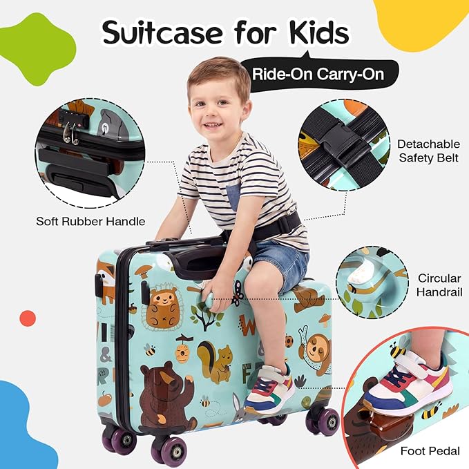 smilesun 20" Ride-On Suitcase for Kids, Cute Pattern, Lightweight Hardshell Carry-On Luggage with Double Spinner Wheels, TSA Lock for Boys & Girls（Green）