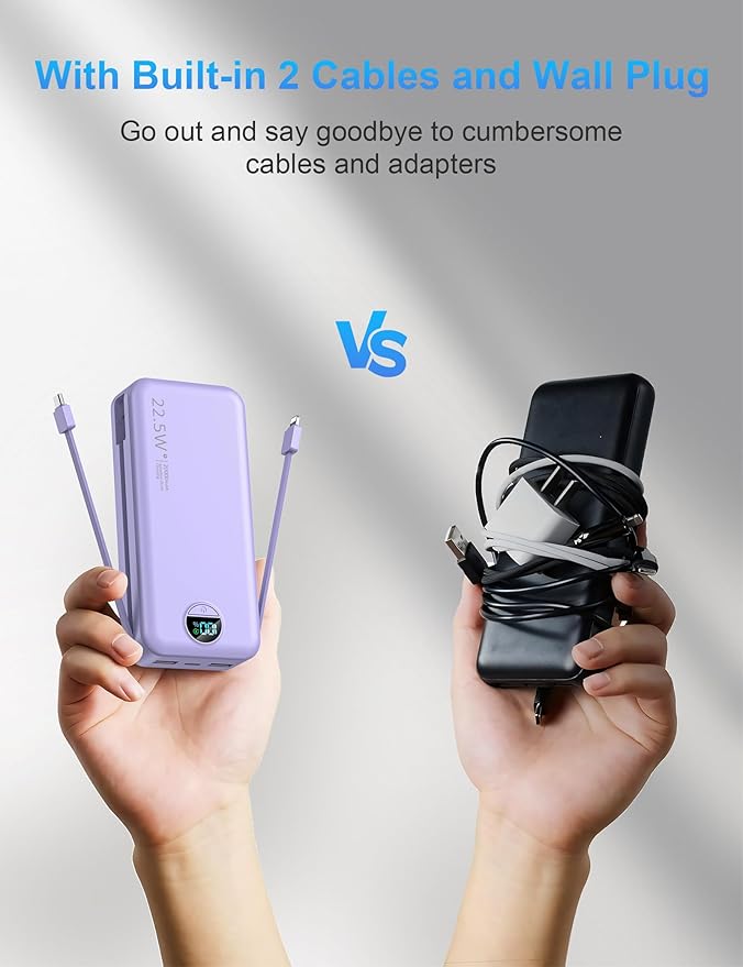 Ffnpua Portable Charger with Wall Plug, 20000mAh USB C Power Bank Fast Charging, External Battery Pack with Built in Cables, Digital Display, 5 Output 2 Input for iPhone Android Cell Phone Tablet