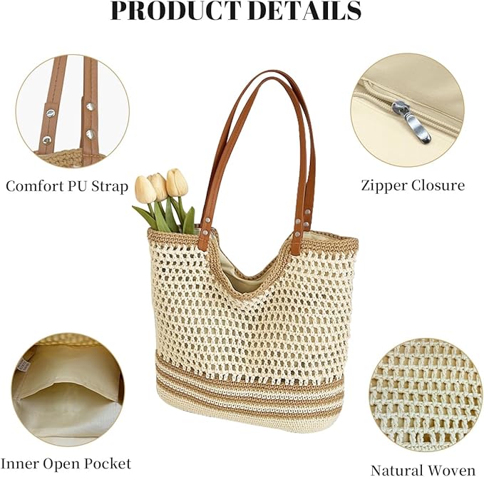Crochet Beach Bag Summer Woven Tote Bag Crochet Purse for Women handbags Boho Shoulder Bags for Travel Vacation