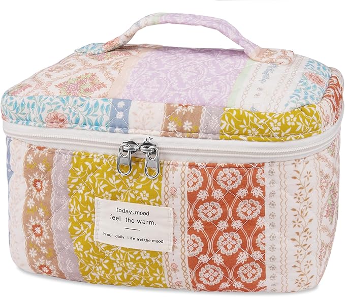 Gosect Floral Quilted Makeup Bag, Large Capacity Travel Cosmetic Organizer Bag with Handle, Portable Toiletry Bag for Women Girls 6.3'' x 6.3'' x 9.84''(Multicolor)