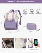 LOVEVOOK Laptop Backpack for Women, 15.6 Inch Work Laptop Bag with USB Port, Fashion Teacher Nurse Backpack Purse, Waterproof Travel Computer Backpack with Organizer Bag, 2PCS, Beige-Light Purple