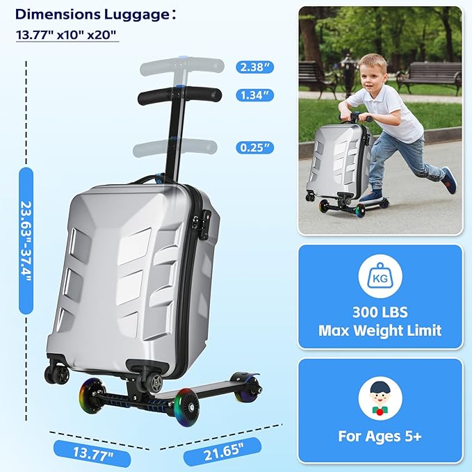 Scooter Suitcase for Kids & Adults，3-D Hardshell Ride On Scooter Luggage with Led Light Up Wheels，TSA Lock，Lightweight Foldable Carry On Rideable Suitcase for Children Teenagers (Silver, 21-inch)