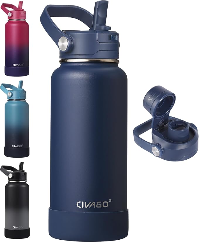 CIVAGO 32 oz Insulated Stainless Steel Water Bottle with Detachable Straw, Large Metal Water Jug with Bucket Handle, Leakproof Sports Water Flask with Silicone Boot for Travel, Dishwasher Safe, Navy