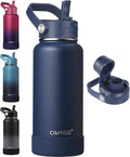 CIVAGO 32 oz Insulated Stainless Steel Water Bottle with Detachable Straw, Large Metal Water Jug with Bucket Handle, Leakproof Sports Water Flask with Silicone Boot for Travel, Dishwasher Safe, Navy