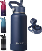 CIVAGO 32 oz Insulated Stainless Steel Water Bottle with Detachable Straw, Large Metal Water Jug with Bucket Handle, Leakproof Sports Water Flask with Silicone Boot for Travel, Dishwasher Safe, Navy