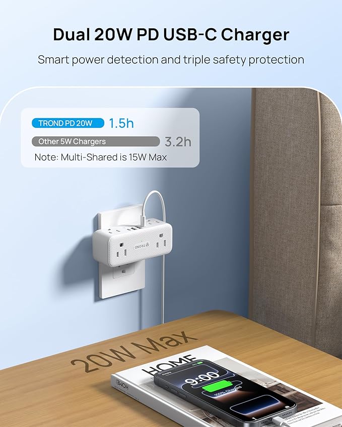 TROND Outlet Extender Surge Protector with 360 Rotating Plug, Multi Plug Wall Outlet with 6 Grounded Sockets and PD20W USB C Charger, 900J, Sideways Plug Adapter for Tight Space in Kitchen Bathroom