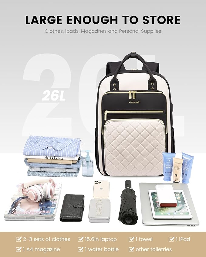 LOVEVOOK Lunch Backpack for Women, 15.6 Inch Laptop Bag with Insulated Cooler Lunch Box, Work Backpack for Teacher Nurse, Travel Backpack Lunch Bag for Camping Picnic Daily Use, Black Beige