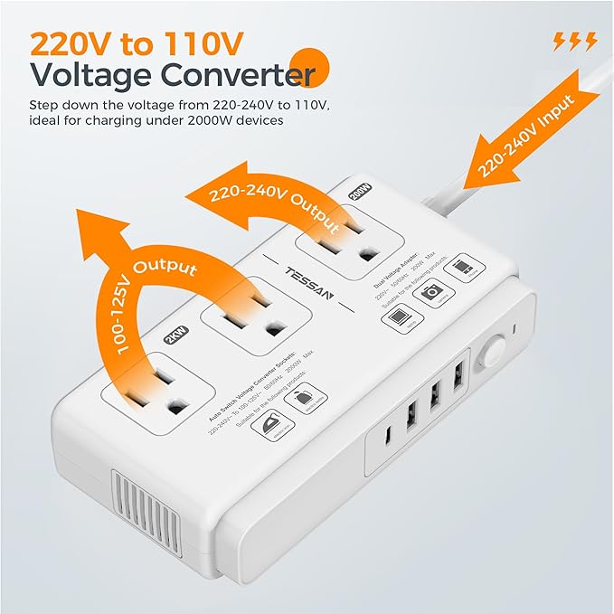 TESSAN Voltage Converter US to Europe, 220 to 110 Voltage Converter, Universal Travel Adapter with 4 USB Ports (1 USB C), 3 AC and EU UK AU IT in ZA Plug Power Adapter, Step Down Transformer, 4 FT