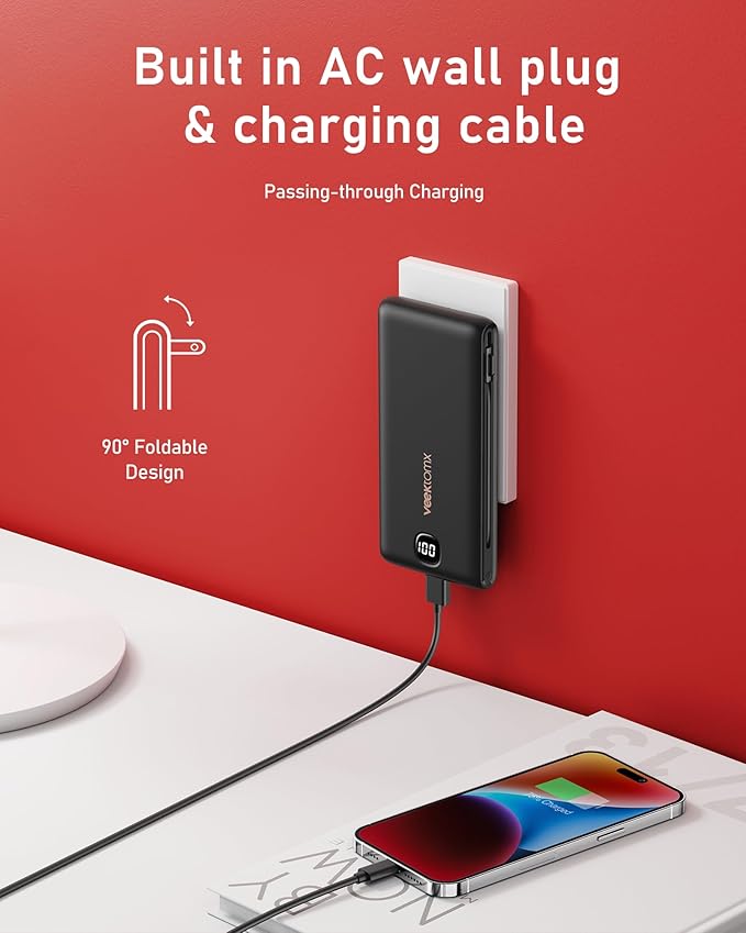 VEEKTOMX Portable Charger with Built in Cables 10000mAh, Power Bank for iPhone with AC Wall Plug, Fast Charging USB C Slim Battery Pack with LED Display Compatible with iPhone 17/16/15/14, Samsung