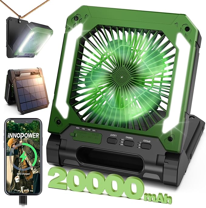 20000mAh Portable Fan Rechargeable with Solar Panel 2-in-1, 3 Speeds Cordless Battery Powered Fan with Led Lantern,Timer, Quiet USB-C Table Fan for Travel Tent Hurricane Office Home Bedroom(Green)