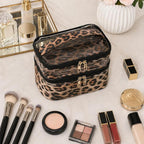 Double-layer Cosmetic Bag Makeup Bag Travel Makeup Bag Makeup Bags for Women Cosmetics Cases Portable Waterproof Foldable (Leopard)