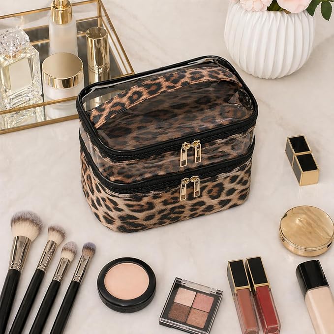 Double-layer Cosmetic Bag Makeup Bag Travel Makeup Bag Makeup Bags for Women Cosmetics Cases Portable Waterproof Foldable (Leopard)