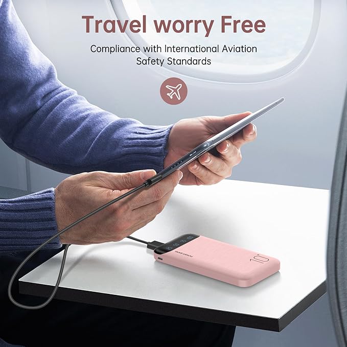 YOBON Power Bank 10000mAh Portable Charger Slim Battery Pack with 2 USB 2.4A Outputs and USB C in/Out Compatible with Huawei iPhone 16 15 14 13 12 iPad Samsung Galaxy S20 Android Tablet (Light Pink)