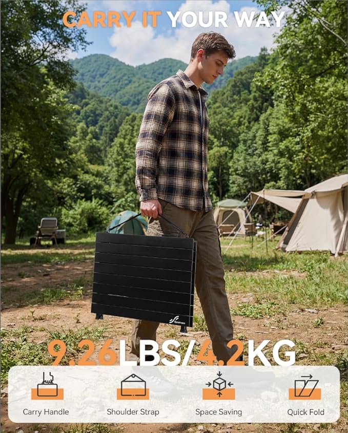 Sportneer Camping Table Folding Table, Bi-Fold Portable with Fast Open Design, Adjustable Height 16.5-27.6", 35.4"x23.6" Lightweight Aluminum Tabletop, Handle & Shoulder Strap for Outdoor Picnic