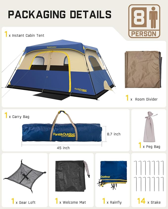 FanttikOutdoor Camping Tent 4/6/8/10 Person Instant Cabin Tent Setup in 60 Seconds with Rainfly & Windproof Portable with Carry Bag for Family Camping & Hiking, Upgraded Ventilation, Navy Blue
