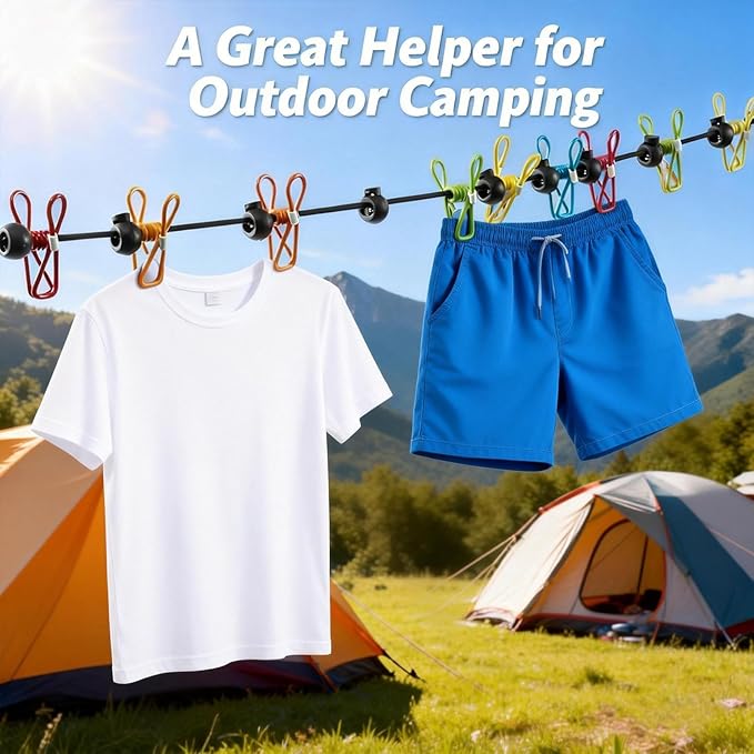 Retractable Portable Clothesline with 12 Clips, Elastic Windproof Laundry Line Rope, Indoor Outdoor Clothes Drying Rack for Camping RV Camper Travel Vacation Essentials