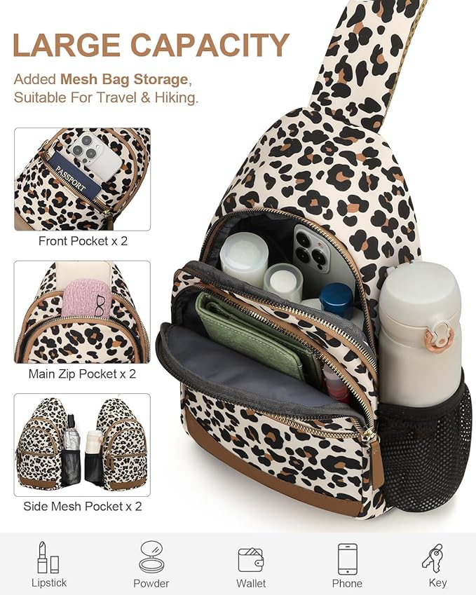 Capolo Sling Bag for Women Men Waterproof Crossbody Bags for Women Trendy Casual Fanny Pack with Convertible Shoulder Strap Chest Bag for Travel Hiking(Leopard, Large)
