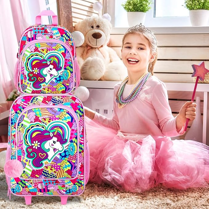 2Pcs Kids Luggage Set, Girls Carry on Rolling Suitcase with Wheels, Unicorn Sequin Travel Suitcases with Toddler Backpack(Purple)