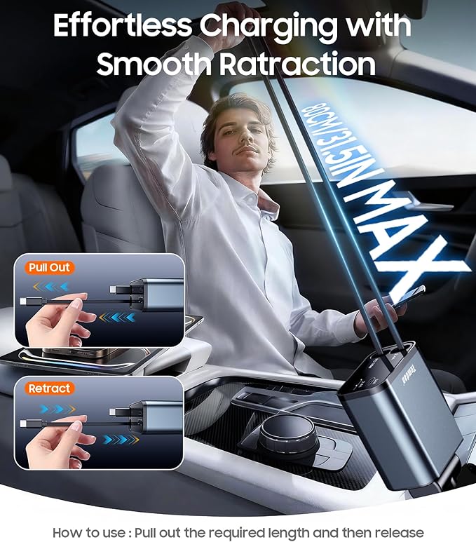 69W Retractable Car Charger, 4 in 1 Fast Charger USB C Car Truck Accessories for Men Women, Car Accessories for Valentines Day Gifts for Him Her, Travel Essentials for iPhone 17 Pro Max,Galaxy