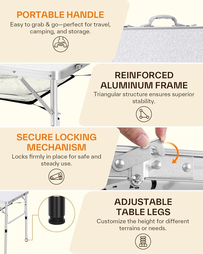 Sportneer Camping Table: Adjustable Height Small Folding Table 35.4" L x 23.6" W 2 Height with Mesh Layer - Compact & Portable Camping Essentials for Outdoor Camp Garden Picnic BBQ Dining Cooking