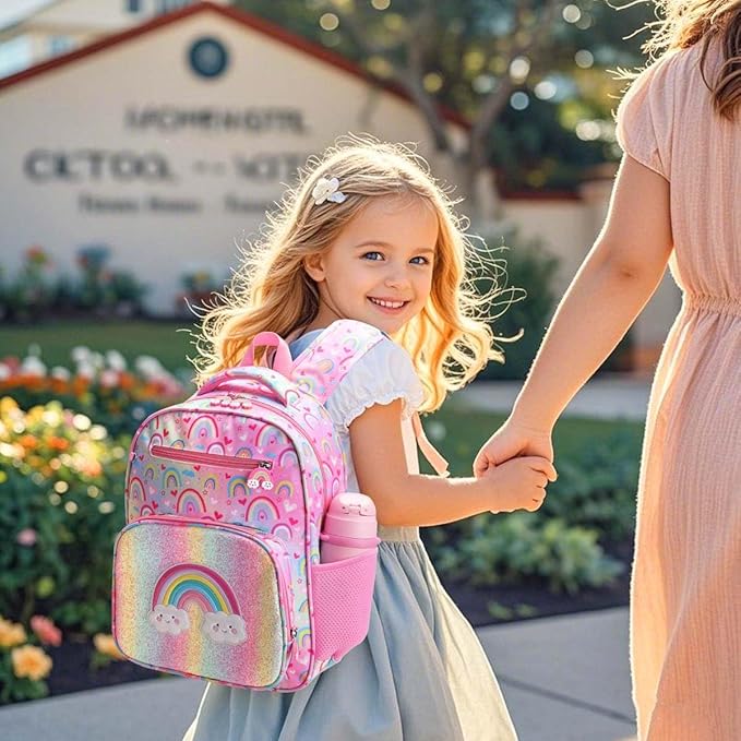 RHCPFOVR Kids Backpack for Girls - Girls Backpack 3-8 Ages Rainbow for Kids 15 Inch School Bookbag for Kindergarten Elementary School Bookbag for Girl 1st 2nd Grade