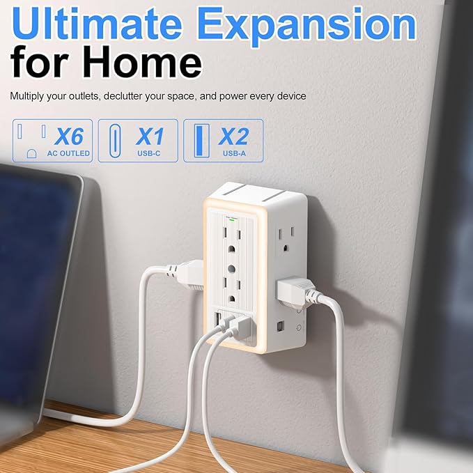 Wall Outlet Extender with USB Charging Ports 9 in 1 Plug Extension Block Multiple AC Outlets Splitter Power Hub Wall Tap 1500J Surge Protection Night Light Dusk to Dawn Sensor Switch ETL Listed