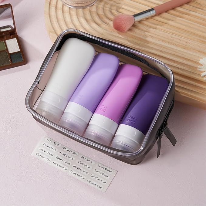 INSFIT Travel Bottles for Toiletries, TSA Approved 3oz Travel Size Containers, BPA Free Leak Proof Squeezable Silicone Tubes for Shampoo Conditioner Lotion Body Wash with Labels