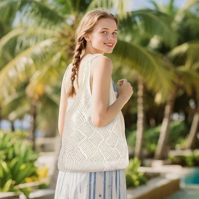 WantGor Crochet Bags, Beach Mesh Tote Bag Womens Shoulder Shopping Handbag Casual Travel Totes Bag Foldable Hobo Bags