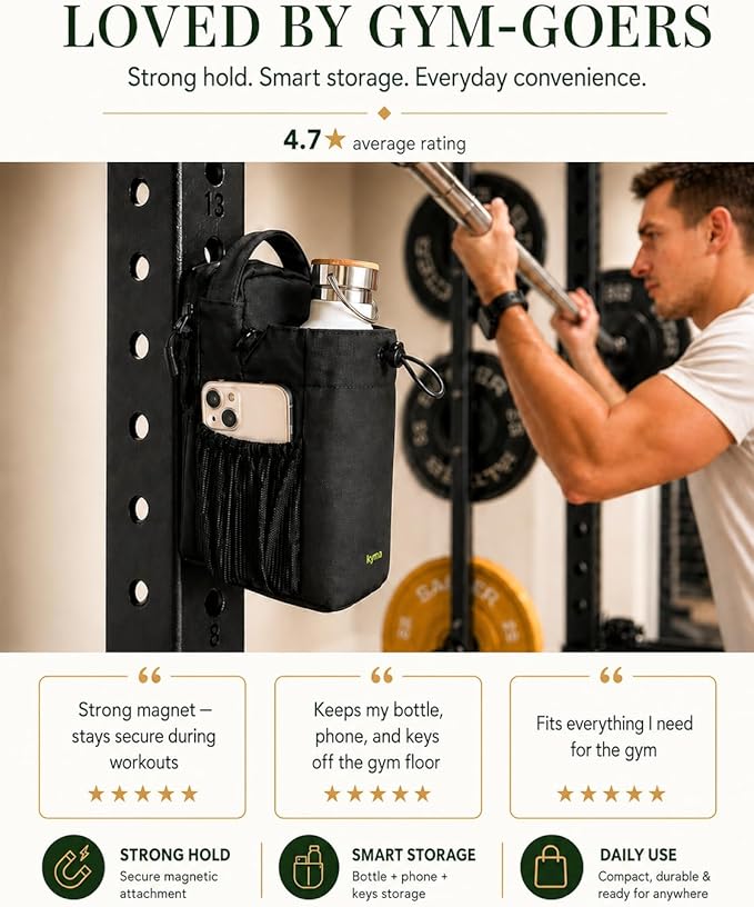 kyrra. Magnetic Gym Bag with Water Bottle Holder Crossbody Bag Strong Magnetic Attachment Fits 40oz Bottles Phone Pocket & Bonus Pouch Gym Accessories for Men and Women