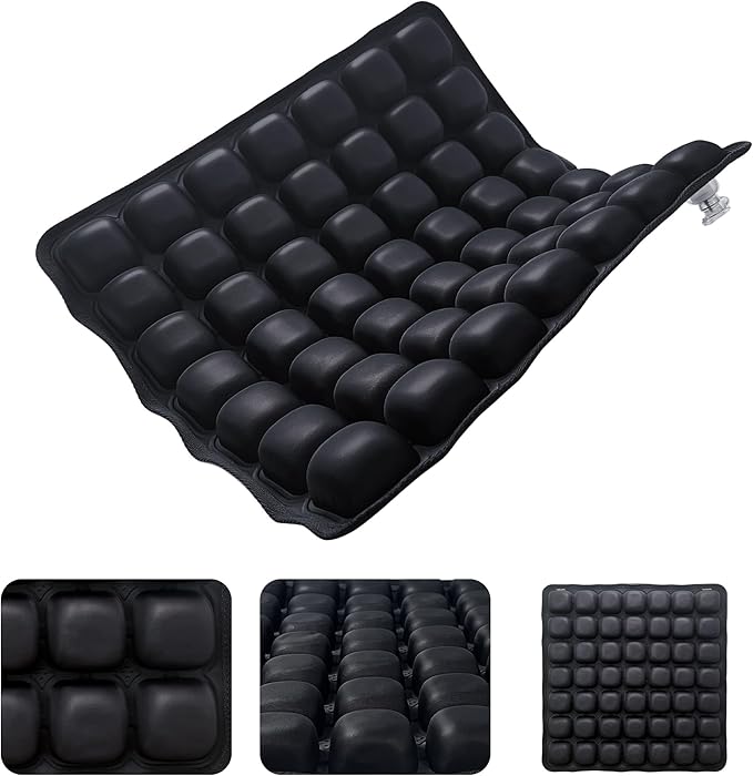 Inflatable Seat Cushion for Airplane Travel Portable Air Seat Cushion Pressure Relief with 49 Airbags TPU 15X15 Inches Black 1PSC