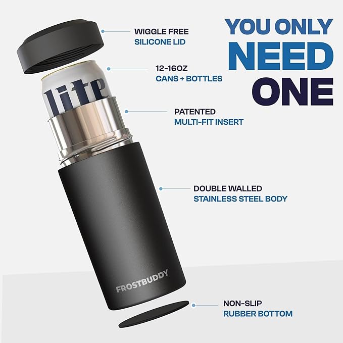 Frost Buddy Universal Can Cooler - Fits all - Stainless Steel Can Cooler for 12 oz & 16 oz Regular or Slim Cans & Bottles - Stainless Steel (Splash)