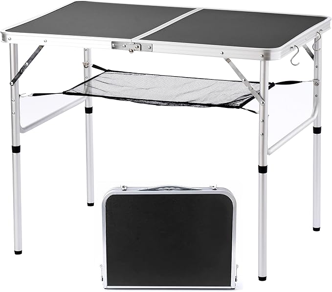 Folding Camping Table, 36''L x24''W Camp Aluminum Table with Adjustable Height Legs, Indoor Outdoor Lightweight Portable Folding Dining Table for Camp Picnic Beach 3Ft black 2 Heights 15"/28"）