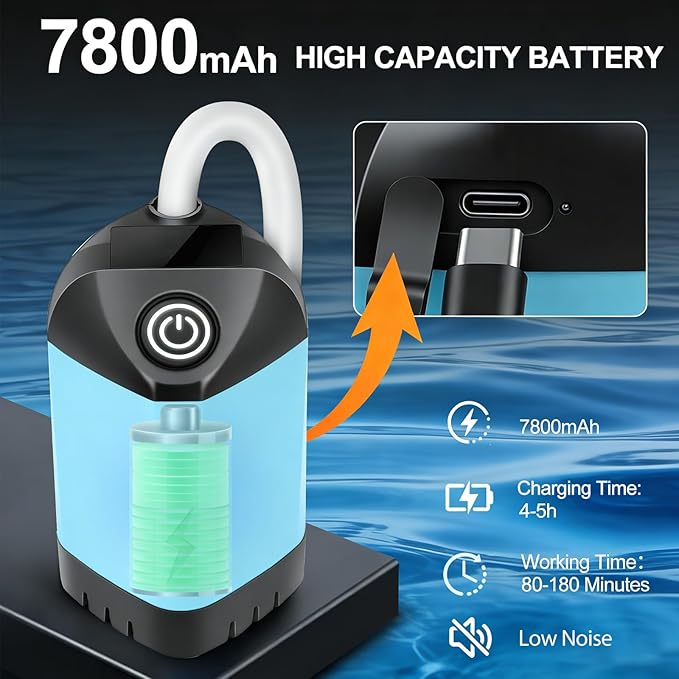Portable Shower for Camping with 7800mAh Battery - 3 Spray Modes, IPX8 Waterproof & Strong Suction Shower Pump for Outdoor Hiking, Beach Travel, RV, Pet Bathing & Gardening