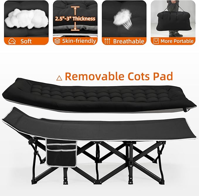 Fragess Portable Camping Cot, Sleeping Cots for Adults, 28" Extra Wide Heavy Duty Folding Cot Max Load 600LBS with Thick Mattress, Portable Camping Bed for Outdoor Camp/Office, Home Nap (Black)