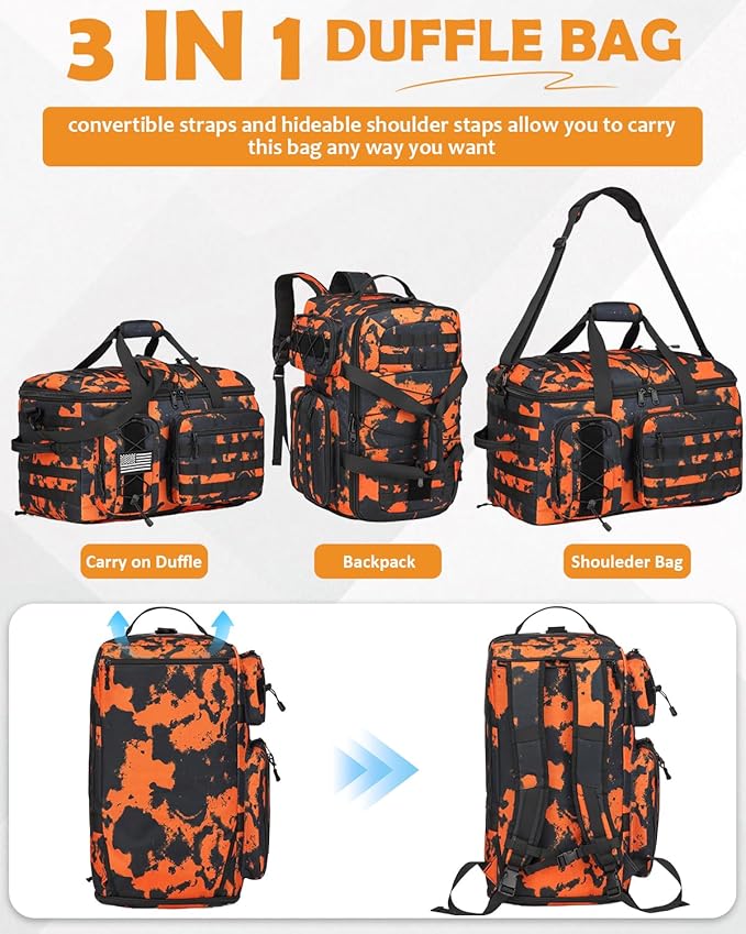 50L Gym Bags for Men, 3 in 1 Travel Duffle Bag with Shoe Compartment, Tactical Military Backpack for Overnight Weekender Gym Traveling Workout Deployment