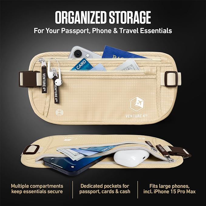 VENTURE 4TH RFID Money Belt for Travel with RFID Blocking Sleeves – Slim Hidden Travel Wallet & Passport Holder for Men & Women, Lightweight Anti-Theft Pouch to Protect Cash, Cards & Documents - Beige