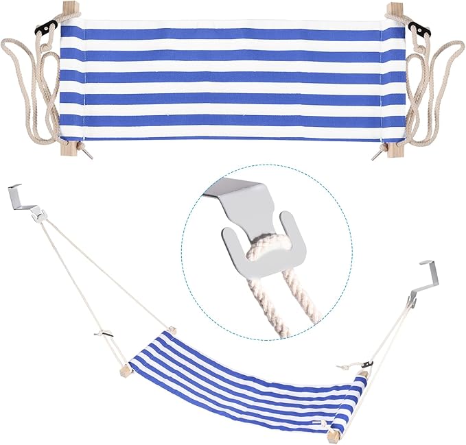 PATIKIL Foot Hammock Under Desk, Adjustable Foot Rest Sling with Hooks Portable Desk Footrest for Airplane Travel Home Office, Blue White Style 1