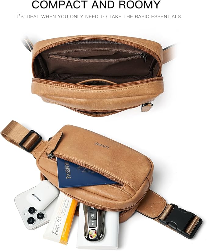 LATMAP 2L Fanny Packs Everywhere Belt Bag Small Fashion Crossbody Waist Pack Faux Leather Waterproof Sling Chest Bag For Women Tan