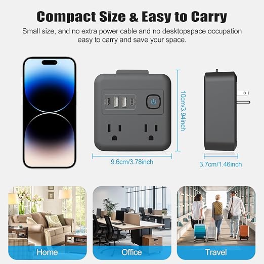 Multi Plug Outlet Extender with 2 USB-A + 2 USB-C & Phone Holder, HITRENDS 1875W/16A 4-Outlet Extender, Non Surge Protector Travel Cruise Ship Essentials, Electrical Wall Splitter for Home Office