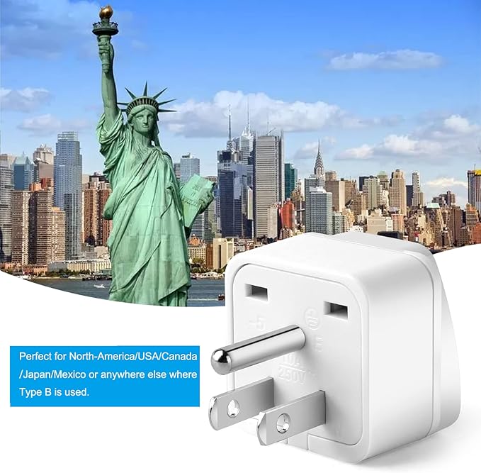 2 Pack US Travel Plug Adapter, EU,UK,AU,in,CN,JP,Asia,Italy,Brazil to USA (Type B), 3 Prong Grounded USA Wall Plug Wall Outlet Power Charger Converter (White)