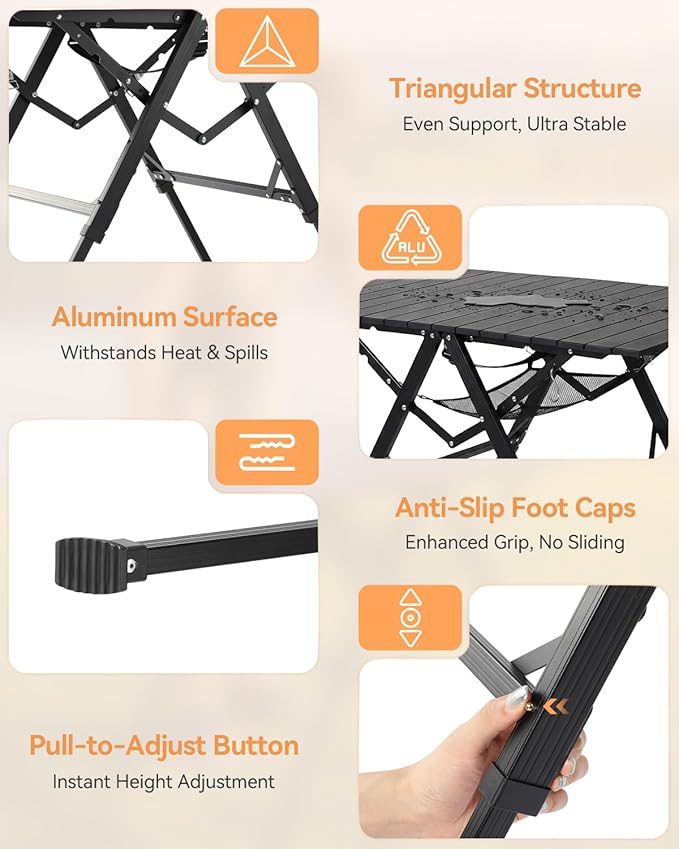 Sportneer Camping Table Folding Table, Bi-Fold Portable with Fast Open Design, Adjustable Height 16.5-27.6", 35.4"x23.6" Lightweight Aluminum Tabletop, Handle & Shoulder Strap for Outdoor Picnic